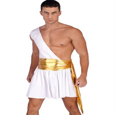 Winying Men's Gladiator Costume One-Shoulder Roman Warrior Outfit with Roman Skirt, White, XL