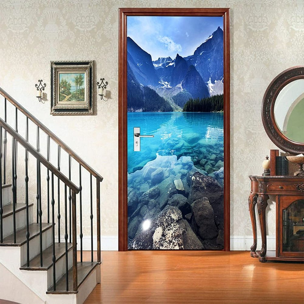 Self-Adhesive 3D Mountain Lake Door Mural, 90 x 200 cm