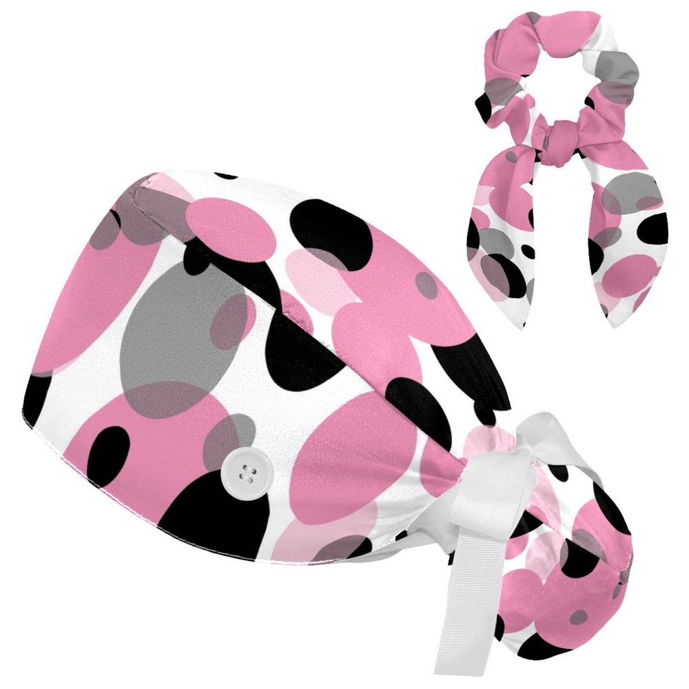 HOHODIY Pink and Black Polka Dot Work Cap with Hair Tie and Bow for Women with Long Hair, Multicolor 01, M/L