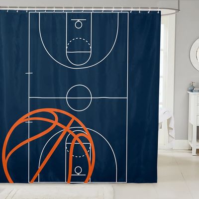feelingyou Basketball Court Print Shower Curtain, Blue, with Hooks