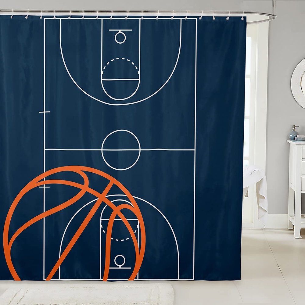 feelingyou Basketball Court Print Shower Curtain, Blue, with Hooks