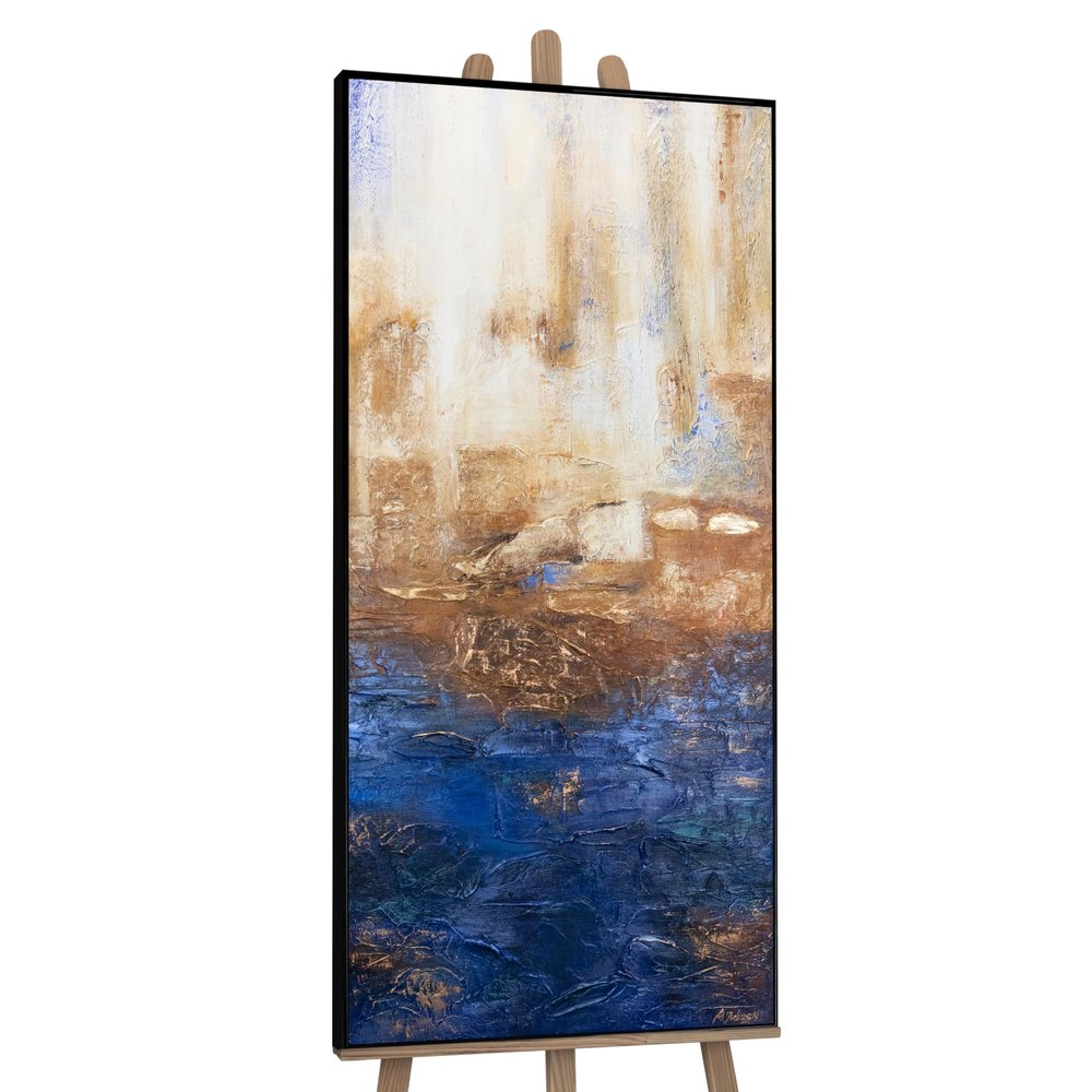 YS-Art Abstract Acrylic Painting on Canvas Marine II Blue and Gold, Vertical