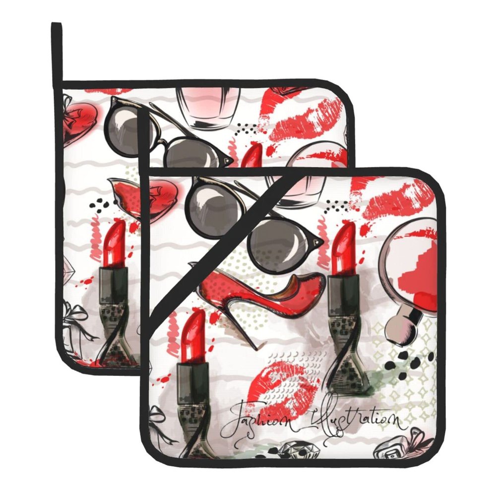 Lipstick & Perfume Art Print Pot Holders, 2-Pack