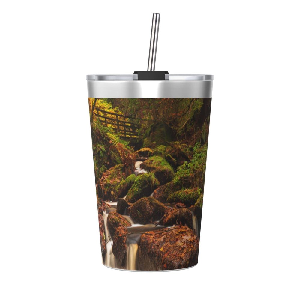 MORYEN Stone Waterfall Forest Coffee Mug, Insulated Stainless Steel Travel Cup with Lid and Straw, Reusable, 340 mL