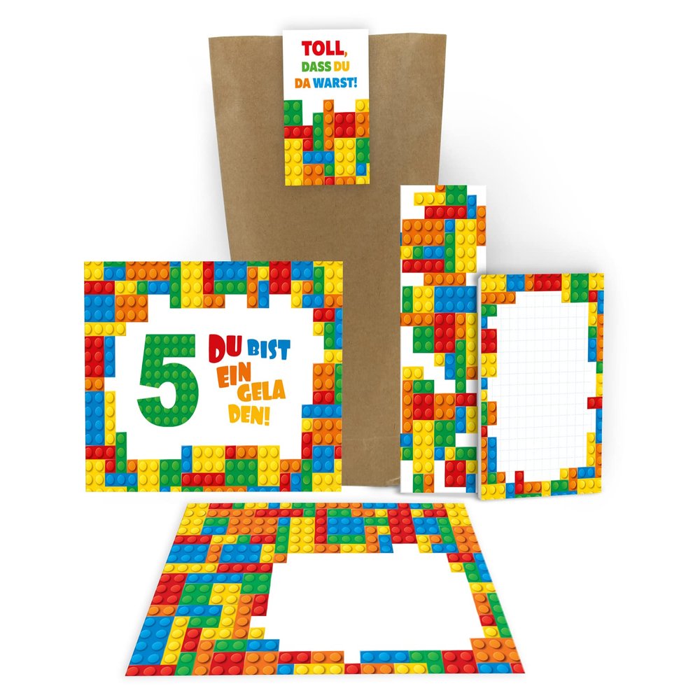 Junaversum 10 Building-Block-Themed Invitations for a Boy’s 5th Birthday, with Envelopes, Bags, Stickers, Bookmarks and Notepads