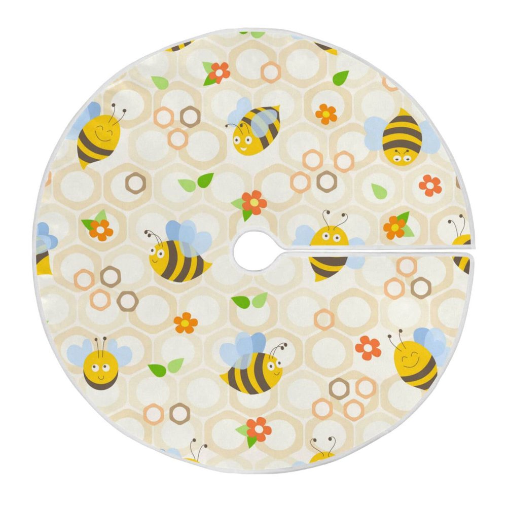 Golden Honeycomb Floral Christmas Tree Skirt, Round Decorative Mat