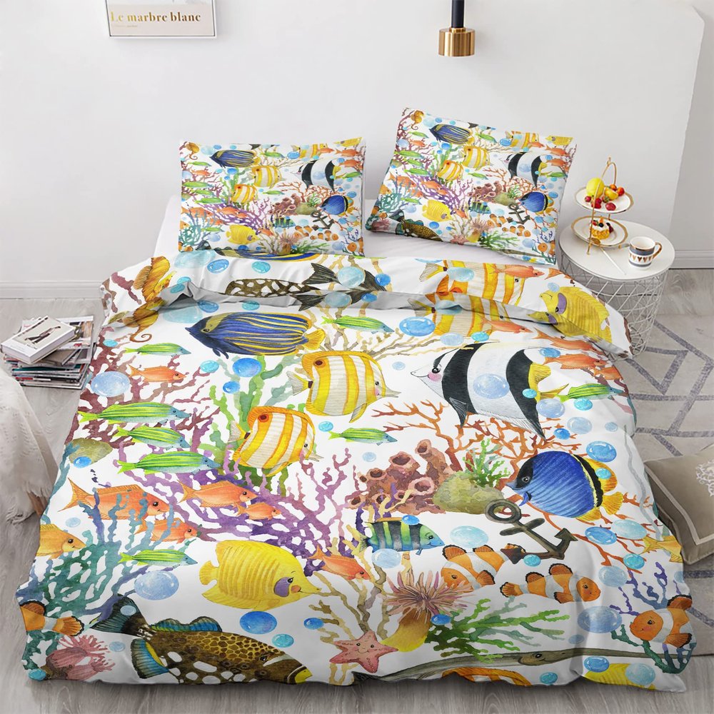 GEDAEUBA Summer Bedding Set 140 x 200 cm, Underwater Sea Animals, Reversible, 2-Piece Set