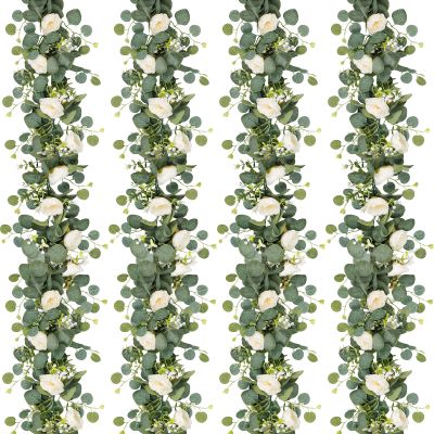 TOCHGREEN 4-Piece Artificial Eucalyptus Garland with White Roses and Baby’s Breath