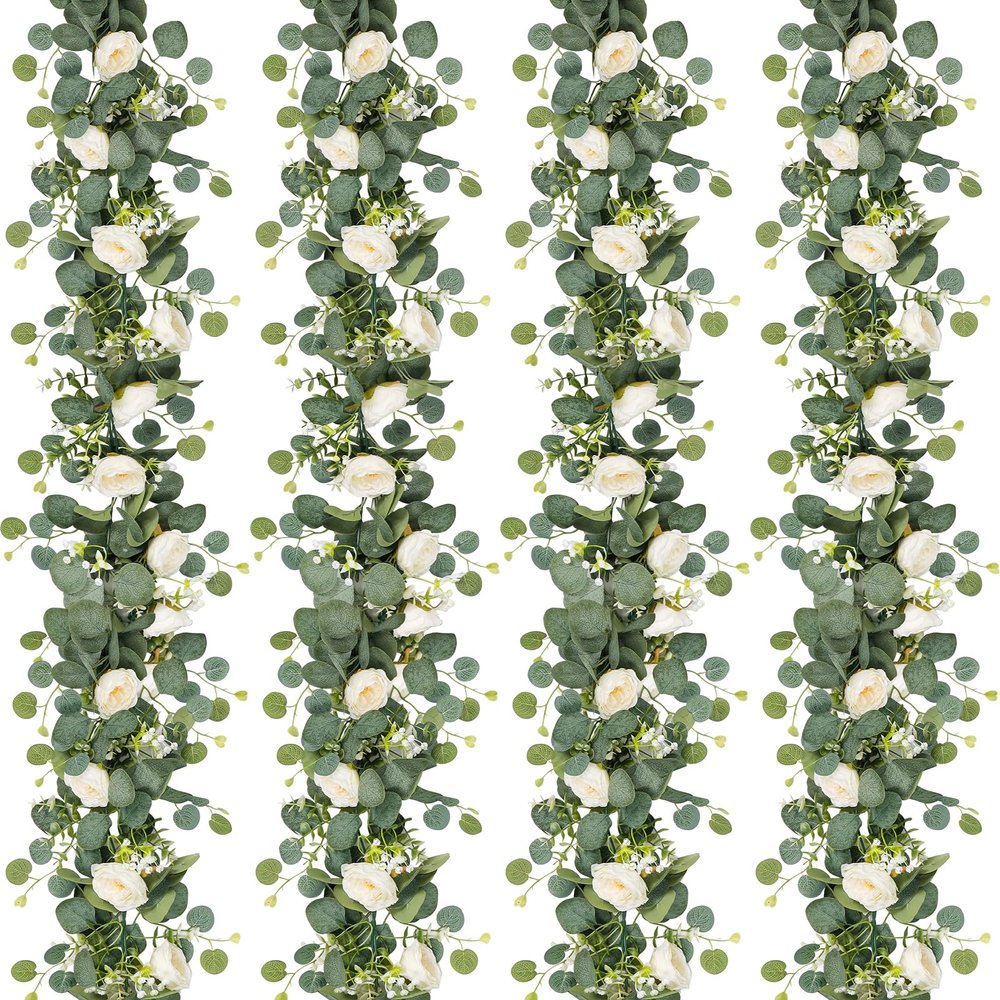 TOCHGREEN 4-Piece Artificial Eucalyptus Garland with White Roses and Baby’s Breath