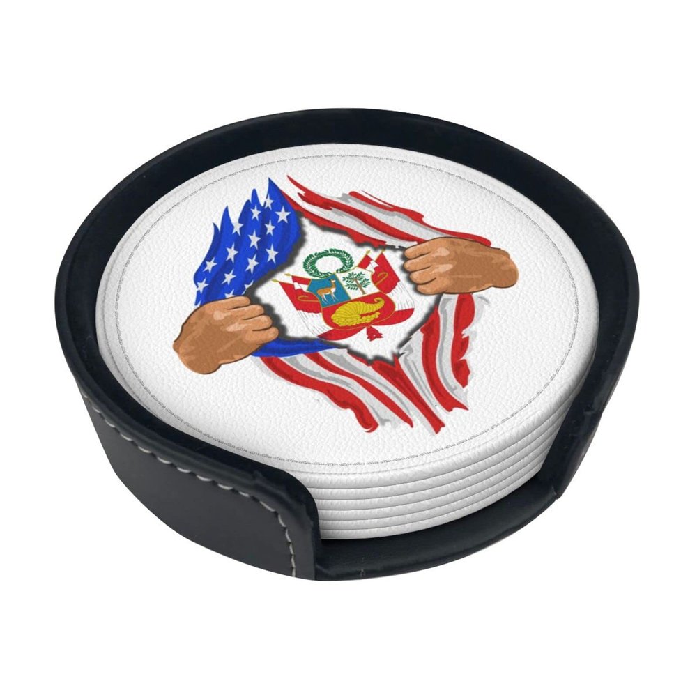 Blood Inside Me Escudo Nacional Del Perú Round Leather Coasters, Stain-Resistant and Heat-Resistant, Desk Protection, 6-Pack, 10.2 cm