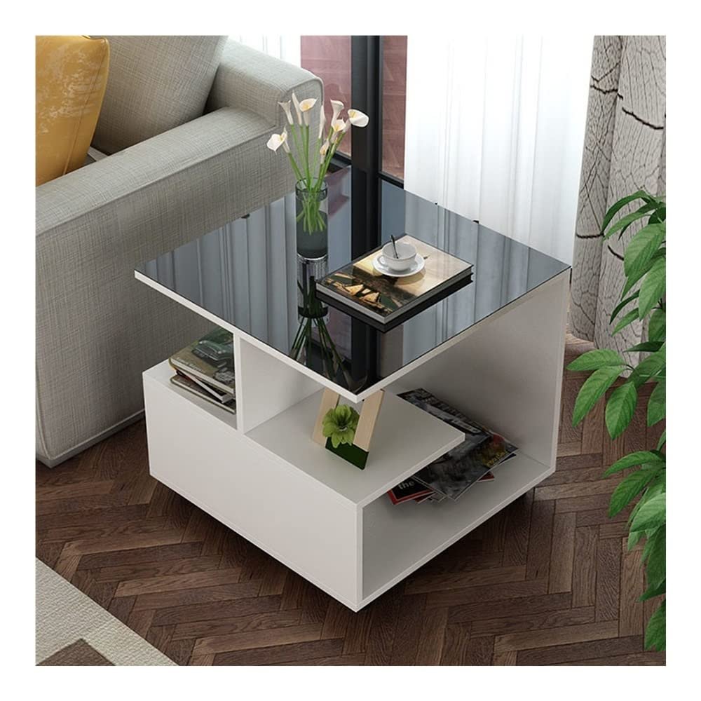Square 3-Tier Side Table with Storage Shelves, White, 50 x 50 x 50 cm