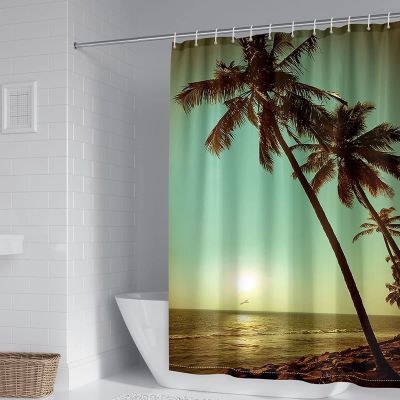 Vintage Shower Curtain, Coconut Tree by the Sea, Green and Brown, 120 x 180 cm