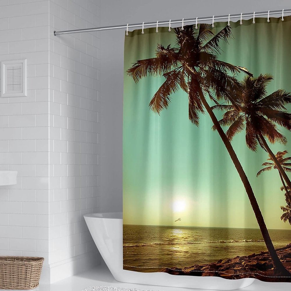 Vintage Shower Curtain, Coconut Tree by the Sea, Green and Brown, 120 x 180 cm