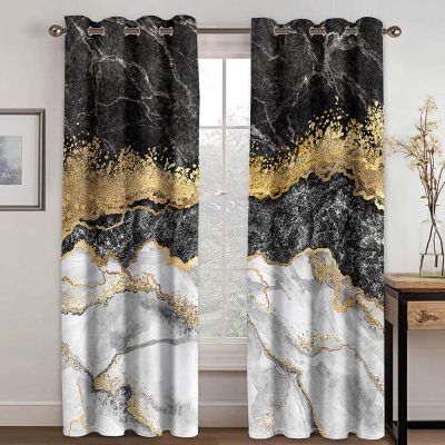 3D Marble Gray and Gold Shading Curtains, 2 Panels, Polyester, 143 x 205 cm Each