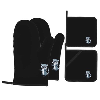 Oven Mitts with Cute Raccoon Print, Pot Holder Set, Heat-Resistant, 4-Piece Set