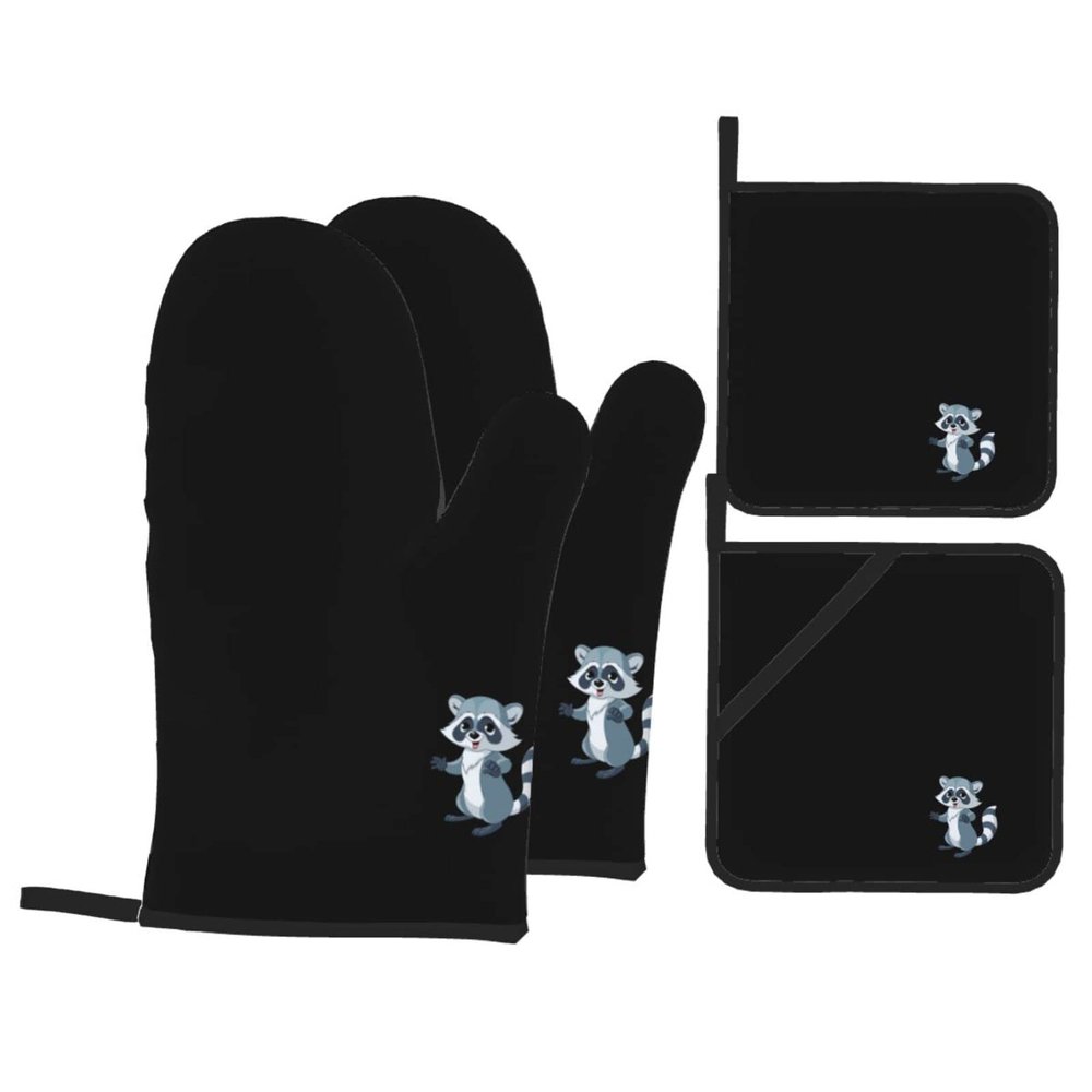 Oven Mitts with Cute Raccoon Print, Pot Holder Set, Heat-Resistant, 4-Piece Set
