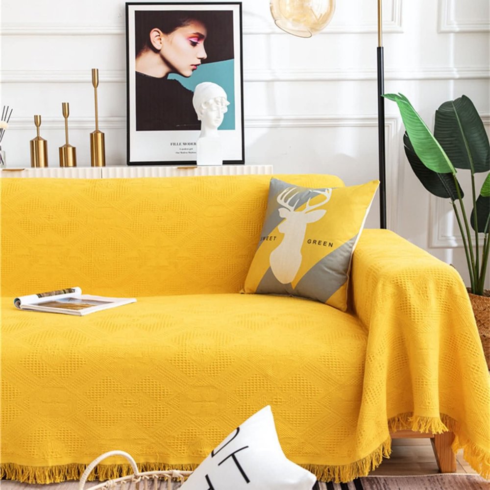 Homxi Universal 1-Seater Couch Cover, Solid Color Diamond Pattern, Yellow, 90 x 210 cm