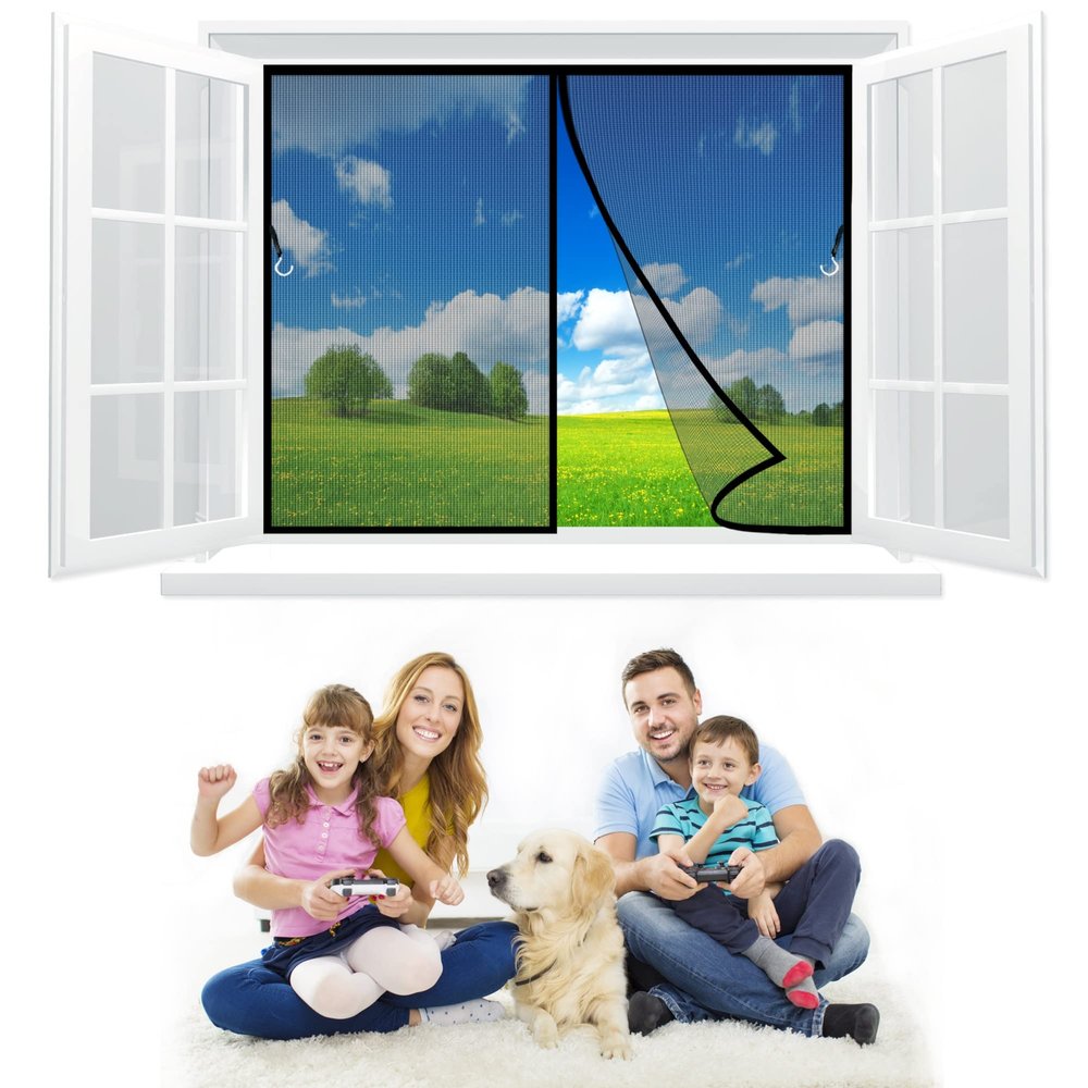Magnetic Window Insect Screen 225 x 155 cm, Automatic Closing, No-Drill Adhesive Mounting, Black
