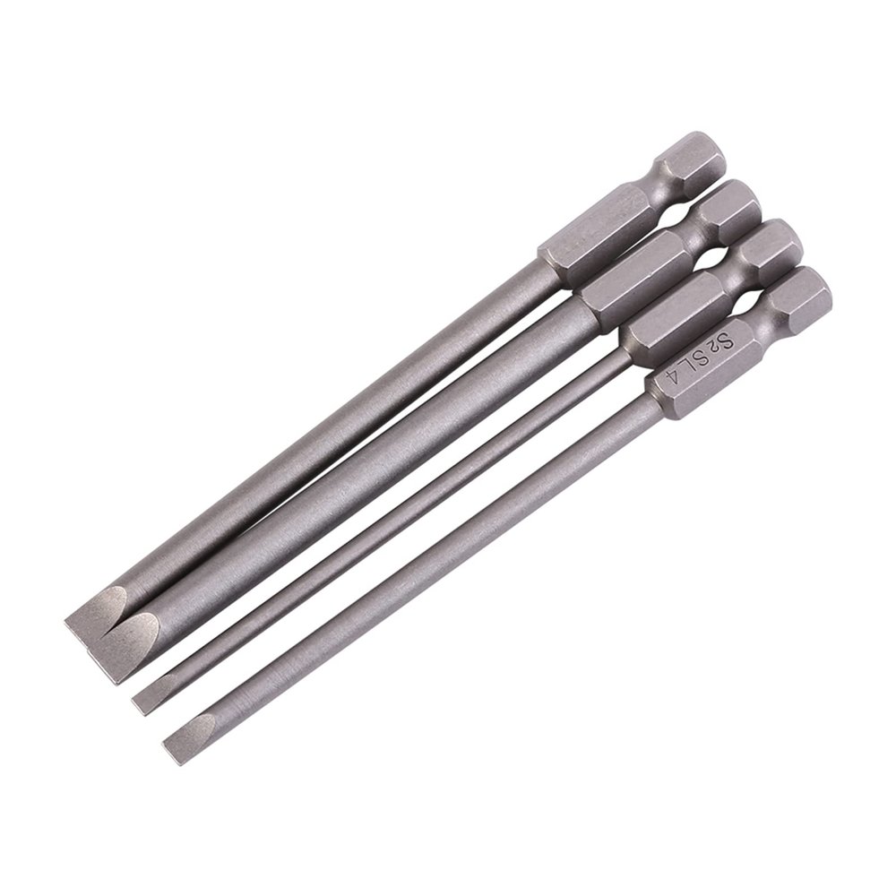 4-Piece Long Slotted Screwdriver Bit Set, 100 mm, S2 Alloy Steel, 1/4-Inch Hex Shank