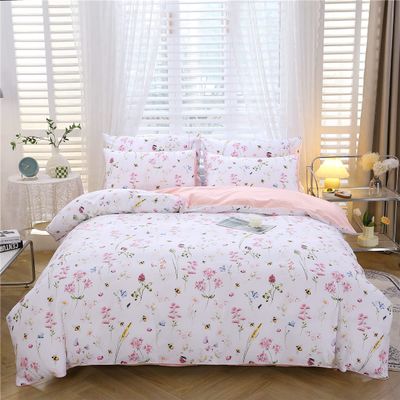 URBONUR Floral Bedding Set, King Size, Pink, 3-Piece, Spring Garden with Bee Print, Soft Microfiber