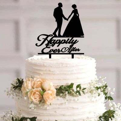 VEHFA Happily Ever After Wedding Cake Topper, Mr. and Mrs., Black Acrylic
