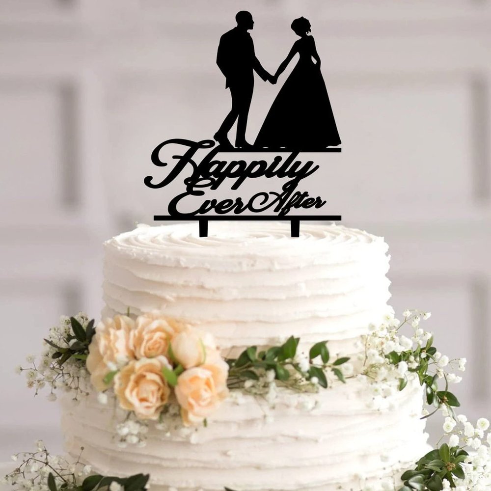 VEHFA Happily Ever After Wedding Cake Topper, Mr. and Mrs., Black Acrylic