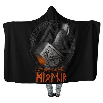 Viking Hooded Blanket with Mjolnir Pattern
