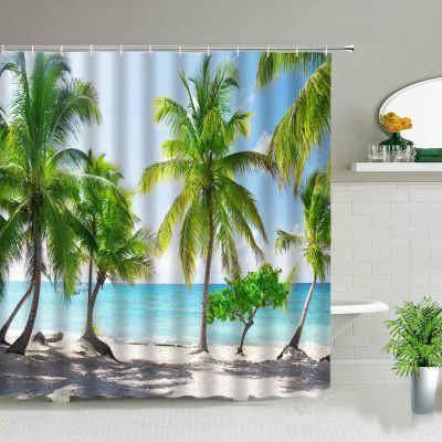 Yanyan Art Waterproof Shower Curtain, Palm Ocean Landscape, 54 x 78 in