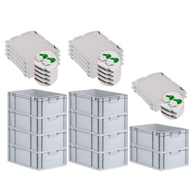 PROREGAL Super Saver Set of 10 Eurobox NextGen Economy Containers with Hinged Lids & Green Latches | Closed Handles | HxWxD 22 x 40 x 60 cm | 44 L