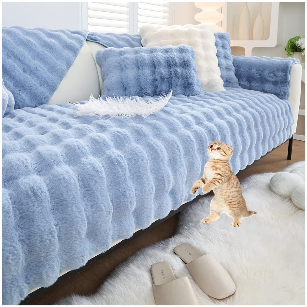 AWAV Sofa Cover for Sectional or 1–4-Seater Couch, Faux Rabbit Fur, Non-Slip, Blue, 110 x 240 cm