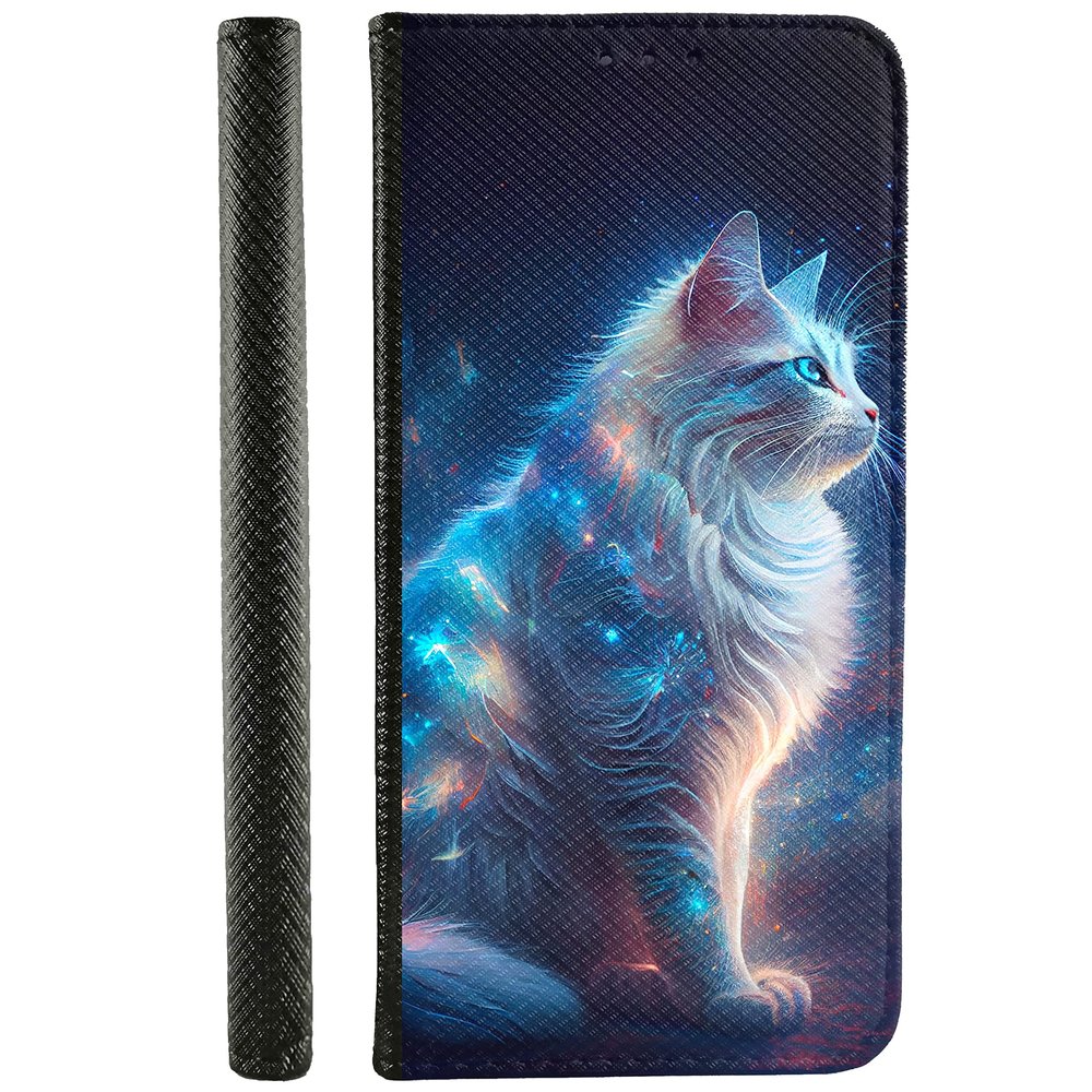 CoverHeld Phone Case for Samsung Galaxy A22 5G, Faux Leather Flip Case, Design 3512, Glowing Cat with Blue Shimmer
