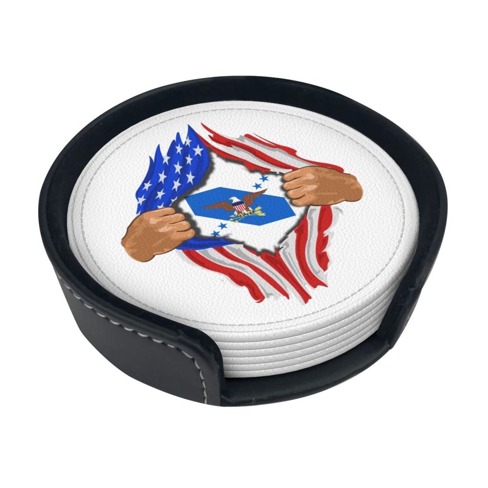 Vice Chairman of the Joint Chiefs of Staff “Blood Inside Me” Round Leather Coasters, Stain-Resistant and Heat-Resistant, Desk Protection, 6-Pack, 4.02 in