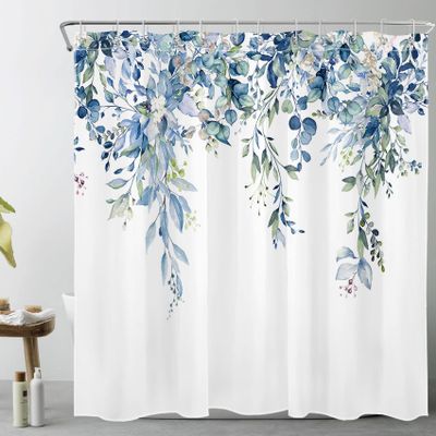 LB Blue Leaf Shower Curtain 240 x 175 cm, Watercolor Eucalyptus