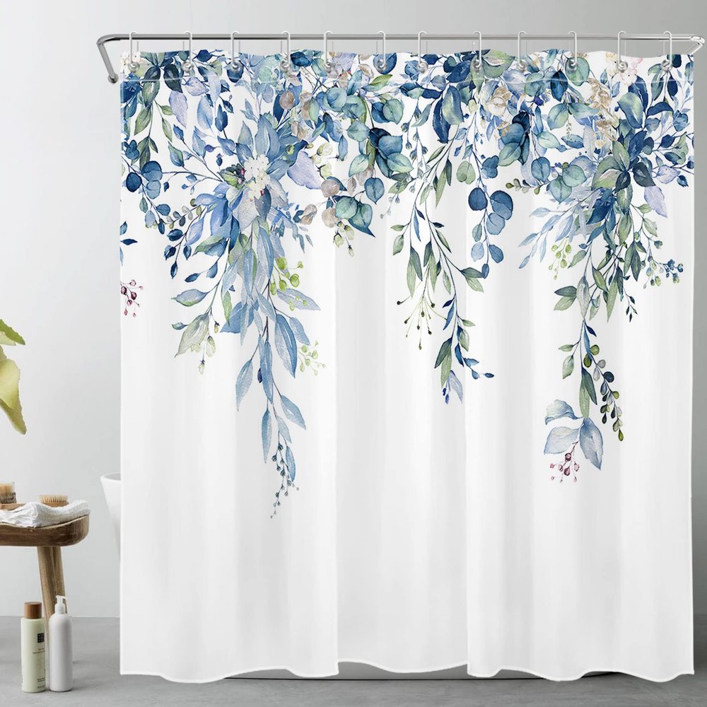LB Blue Leaf Shower Curtain 240 x 175 cm, Watercolor Eucalyptus