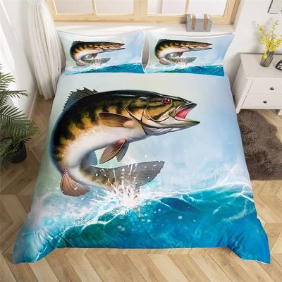 ZZXHG 3-Piece Microfiber Bedding Set, 135 x 200 cm, Blue Surf Fish