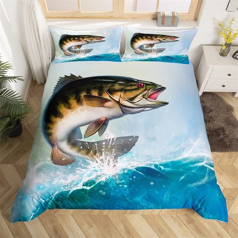 ZZXHG 3-Piece Microfiber Bedding Set, 135 x 200 cm, Blue Surf Fish