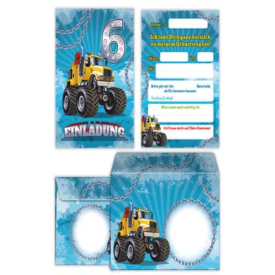 Junaversum 12 Monster Truck Invitation Cards with 12 Envelopes for a Boy's 6th Birthday