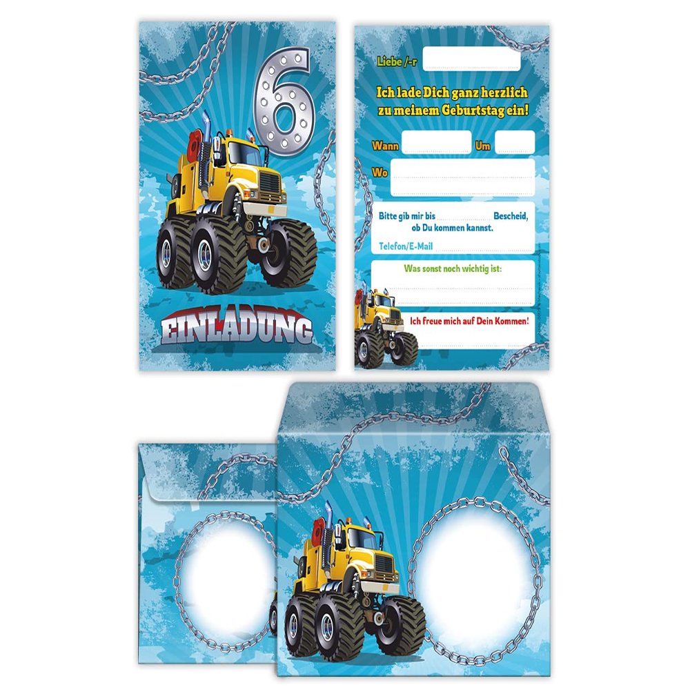 Junaversum 12 Monster Truck Invitation Cards with 12 Envelopes for a Boy's 6th Birthday