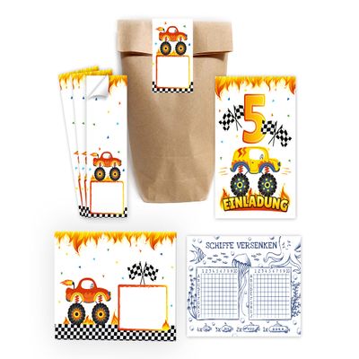 12 Monster Truck Invitations for a Boy's 5th Birthday with Envelopes, Party Bags, Stickers and Battleship Games