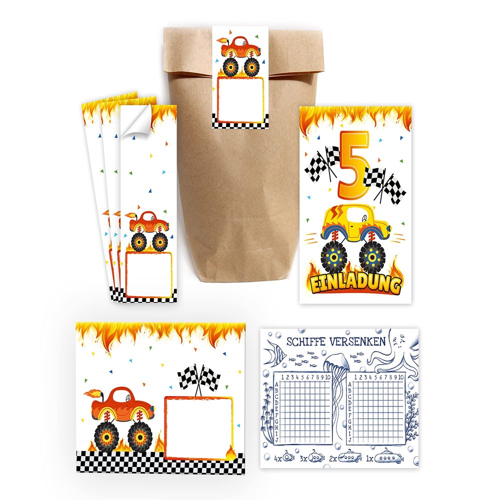 12 Monster Truck Invitations for a Boy's 5th Birthday with Envelopes, Party Bags, Stickers and Battleship Games