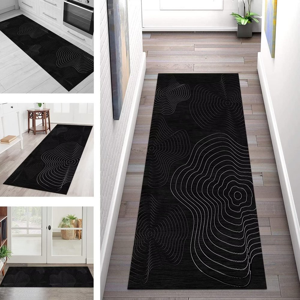 Hallway Runner Rug, Non-Slip Washable, 120 x 350 cm, Black/Dark Gray