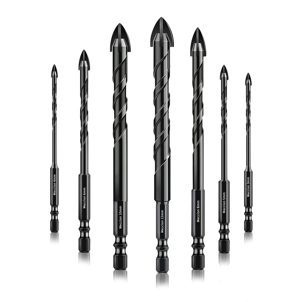 Meccion Tile Drill Bit Set, 3–12 mm, Glass Drill Bits with Cross-Tip Tungsten Carbide