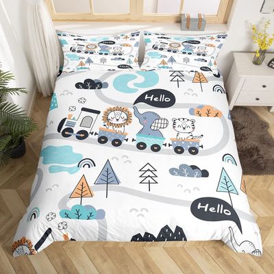 richhome Cartoon Train Duvet Cover Set, 135 x 200 cm, Tiger/Lion/Elephant Toddler Bedding, Watercolor Design
