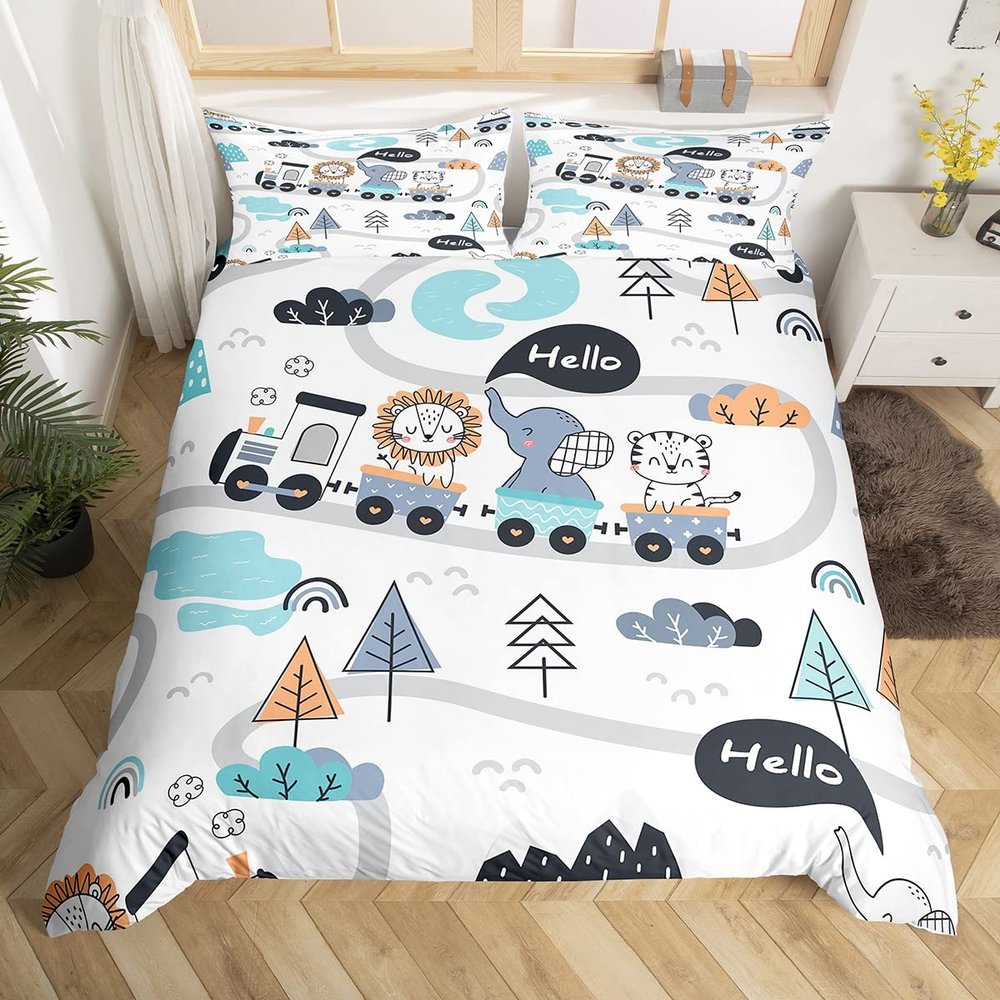 richhome Cartoon Train Duvet Cover Set, 135 x 200 cm, Tiger/Lion/Elephant Toddler Bedding, Watercolor Design