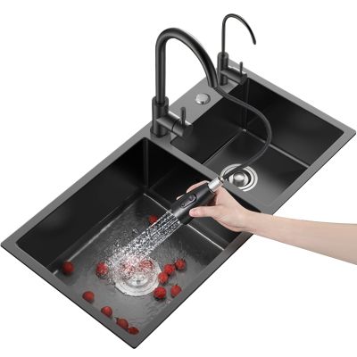 Black 16-Gauge Stainless Steel Double Bowl Kitchen Sink Set, 85 x 45 cm