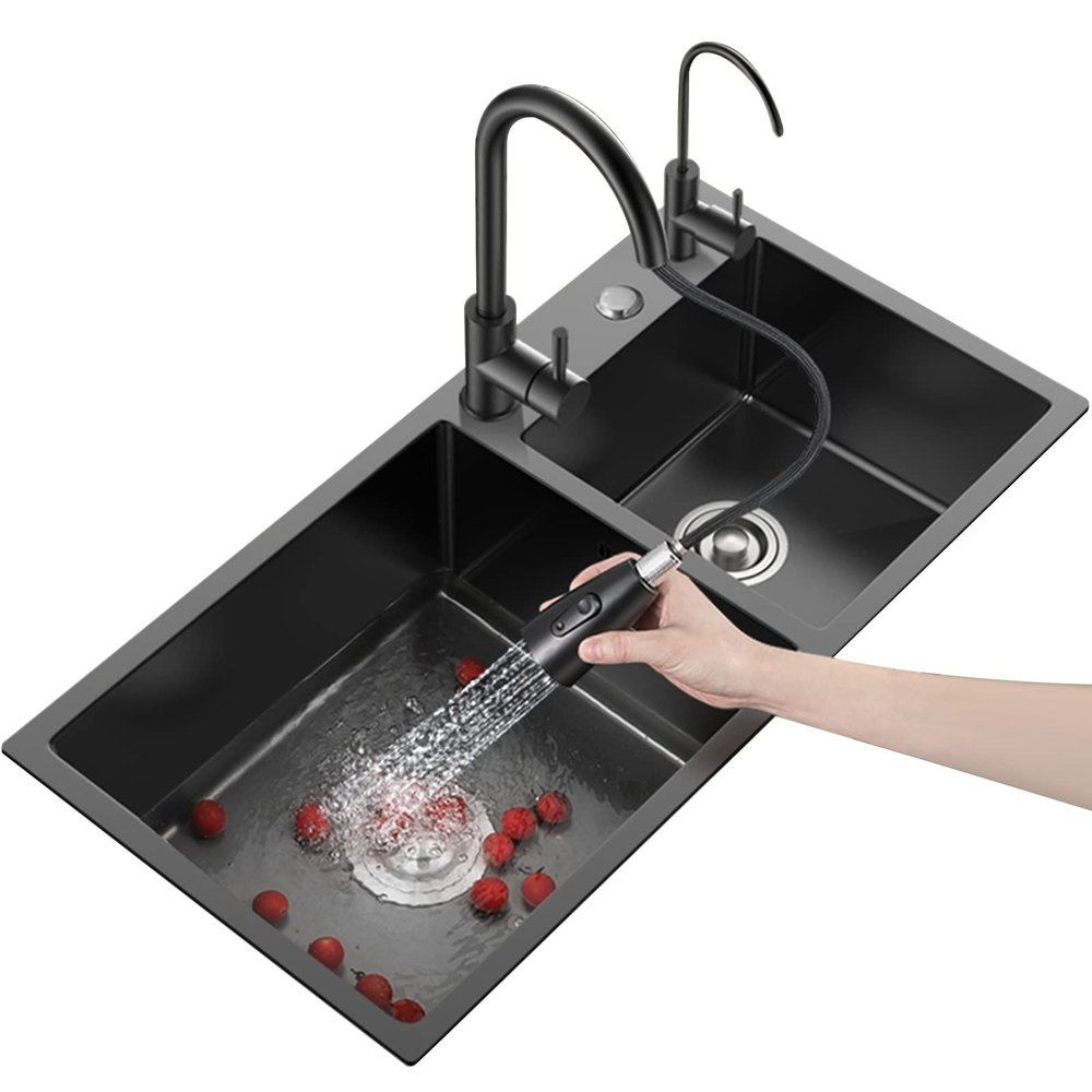 Black 16-Gauge Stainless Steel Double Bowl Kitchen Sink Set, 85 x 45 cm
