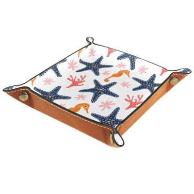 Seahorse and Starfish Leather Square Jewelry Trays for Keys, Coins, and Candy