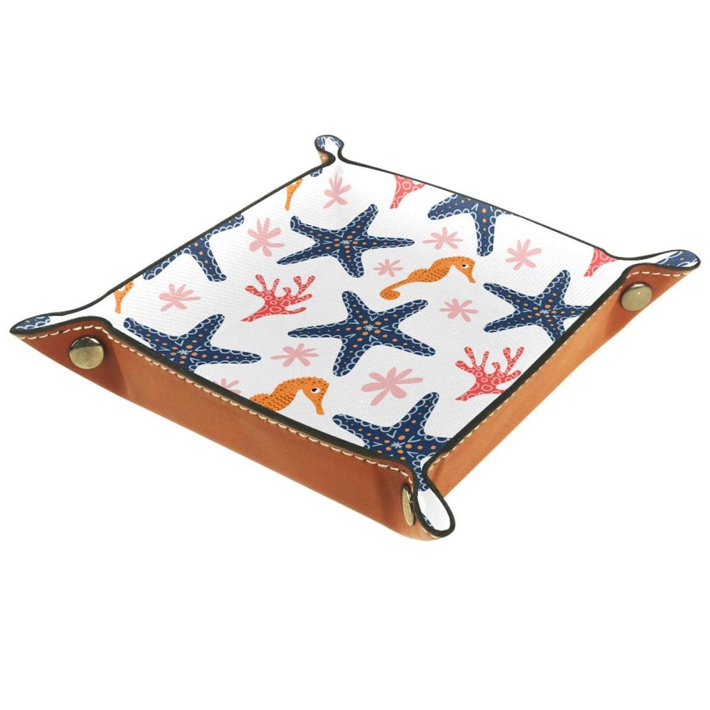 Seahorse and Starfish Leather Square Jewelry Trays for Keys, Coins, and Candy