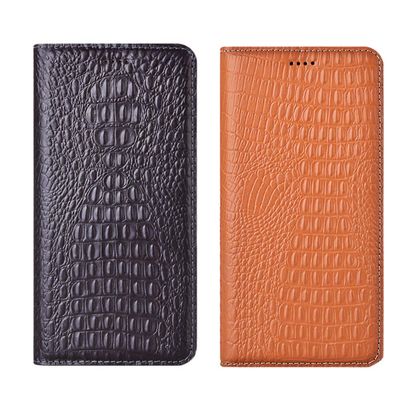 PHOPEER Genuine Leather Flip Case for Honor Magic 5 Pro, Crocodile Style, Card Slots and Stand, Brown