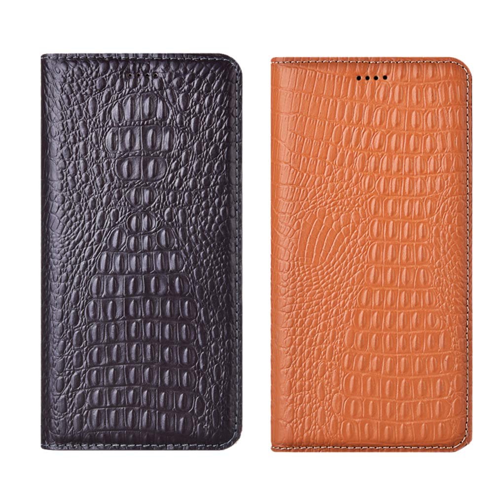 PHOPEER Genuine Leather Flip Case for Honor Magic 5 Pro, Crocodile Style, Card Slots and Stand, Brown
